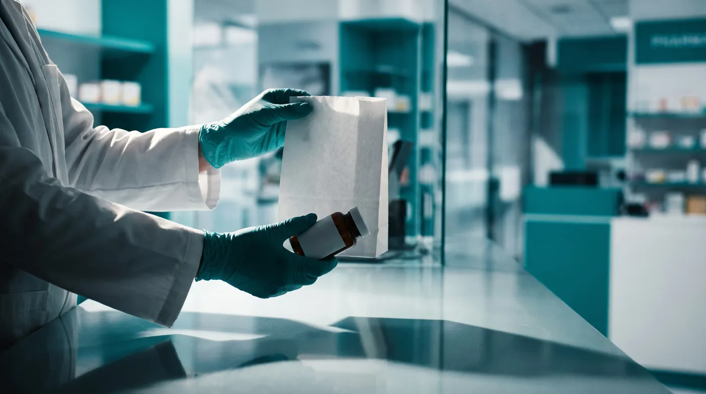 A pharmacist handing over a prescription